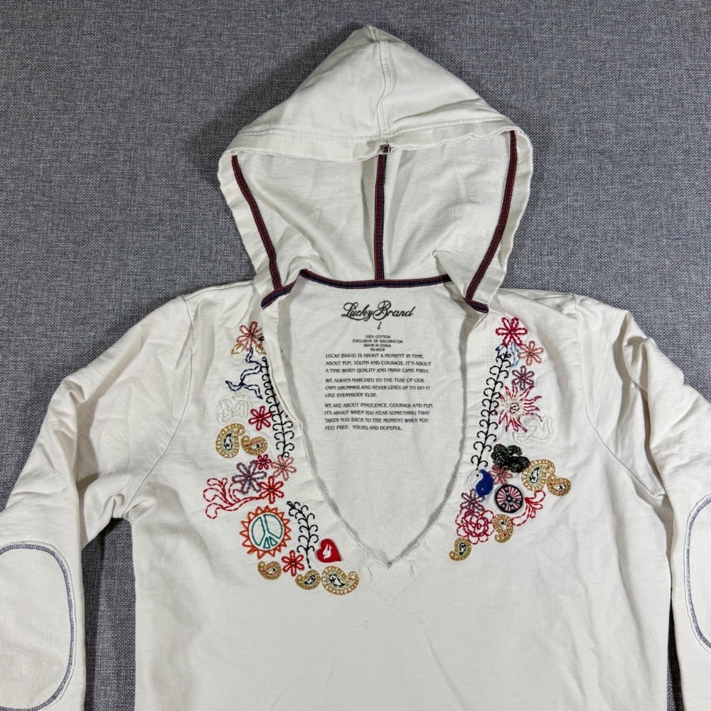 Lucky Brand Embroidered Hoodie Womens L Cream Boho Hippie Peace V-Neck Pullover - Picture 3 of 9